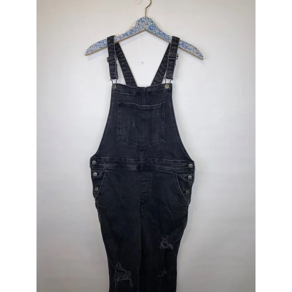 Old Navy Women's Size 12 Petite OG Straight Black Ripped Jean Overalls GUC - Picture 3 of 8